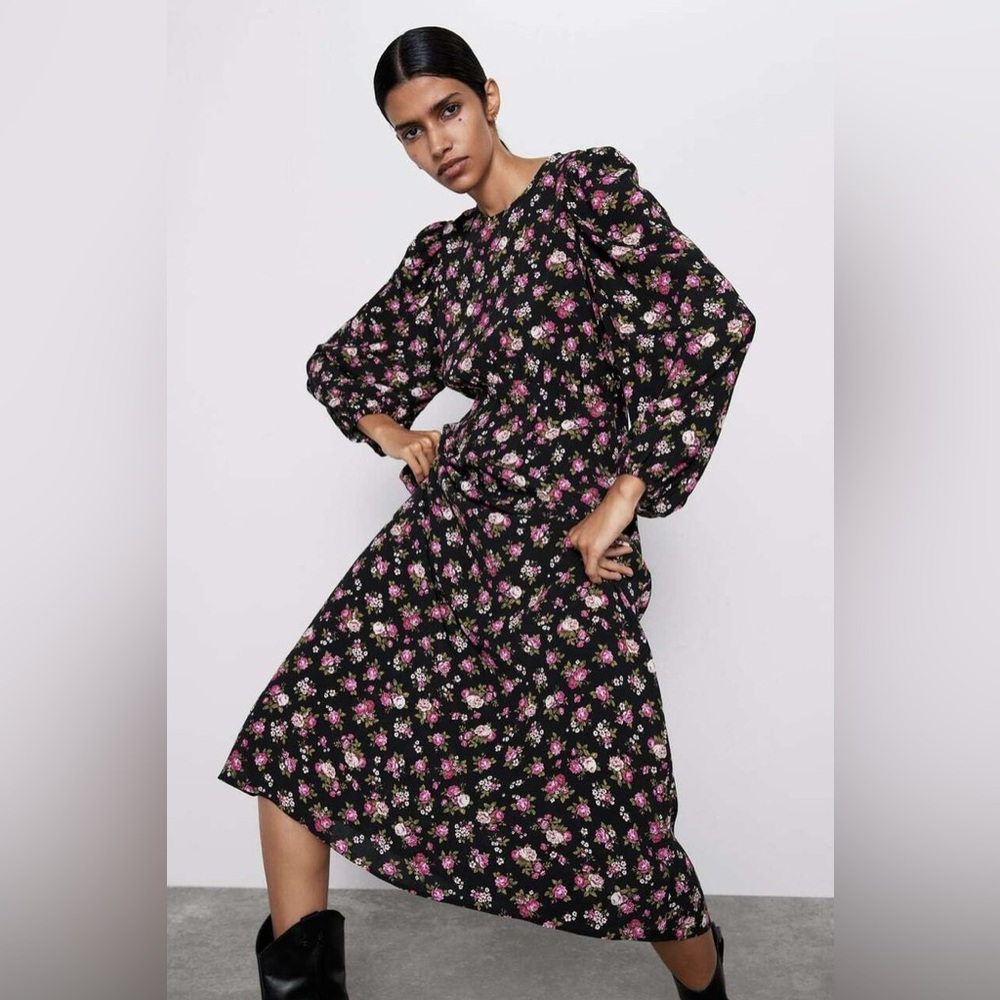 Zara Black Floral Long Sleeve Dress